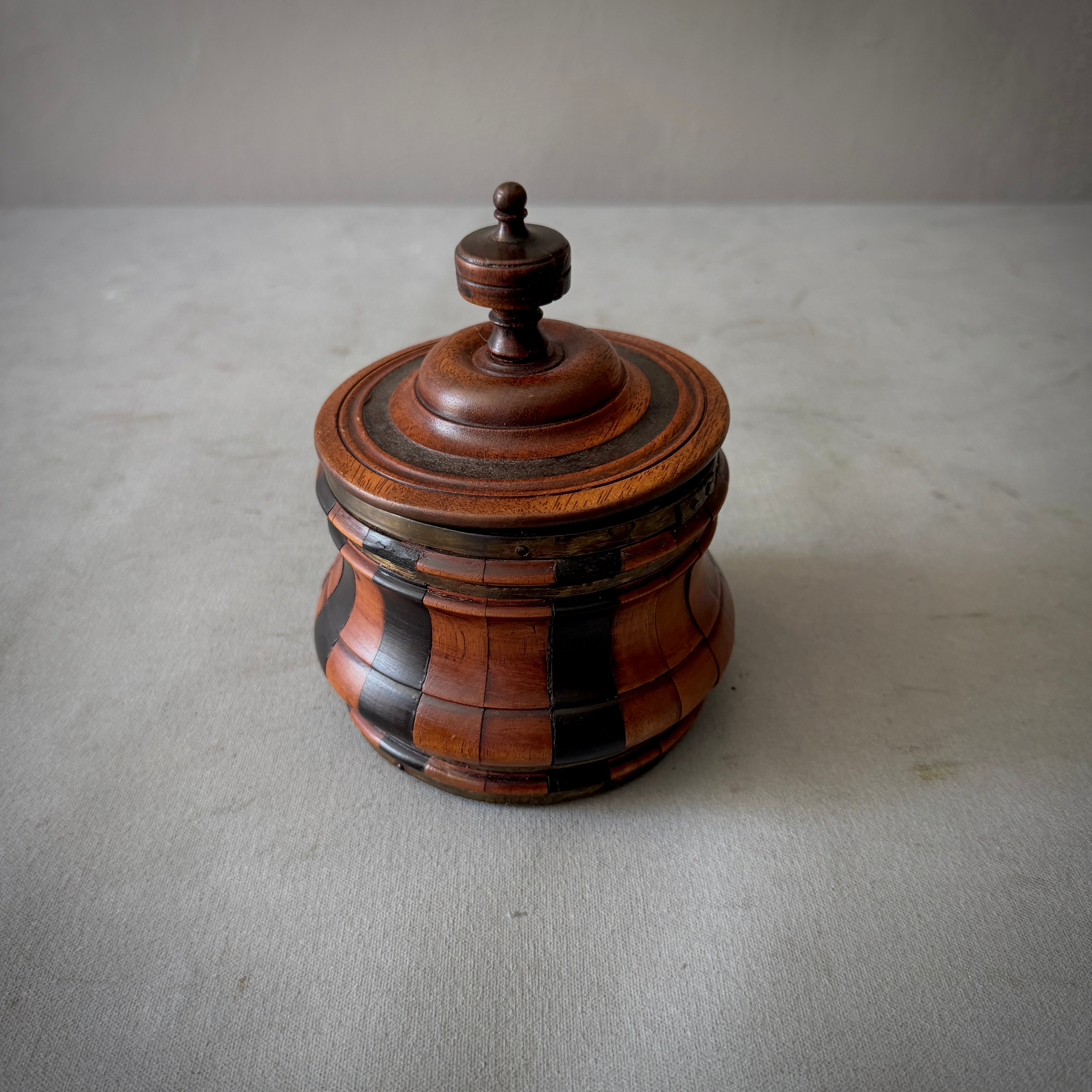 Turned Fruitwood Tobacco Jar with Ebonized Panels