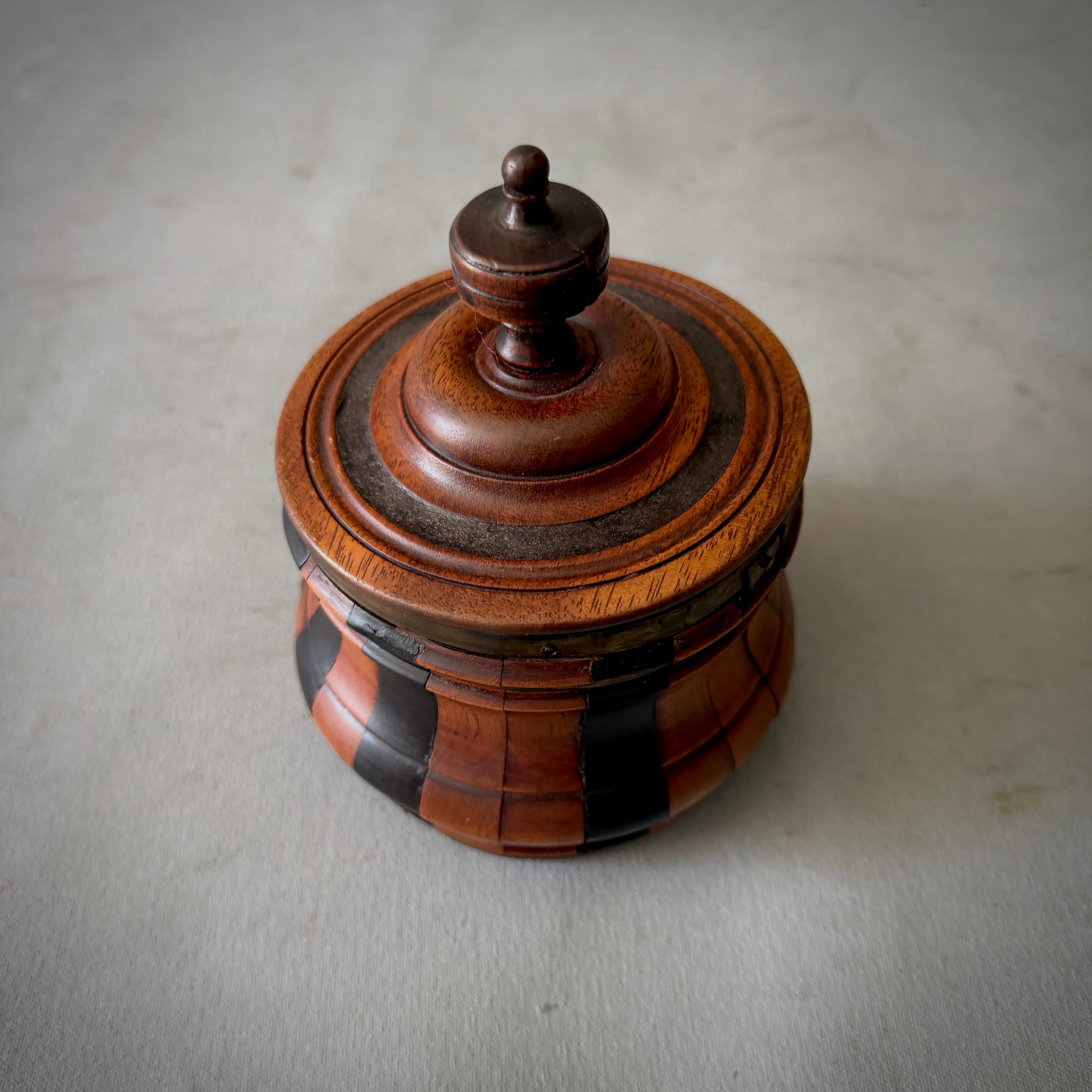 Turned Fruitwood Tobacco Jar with Ebonized Panels