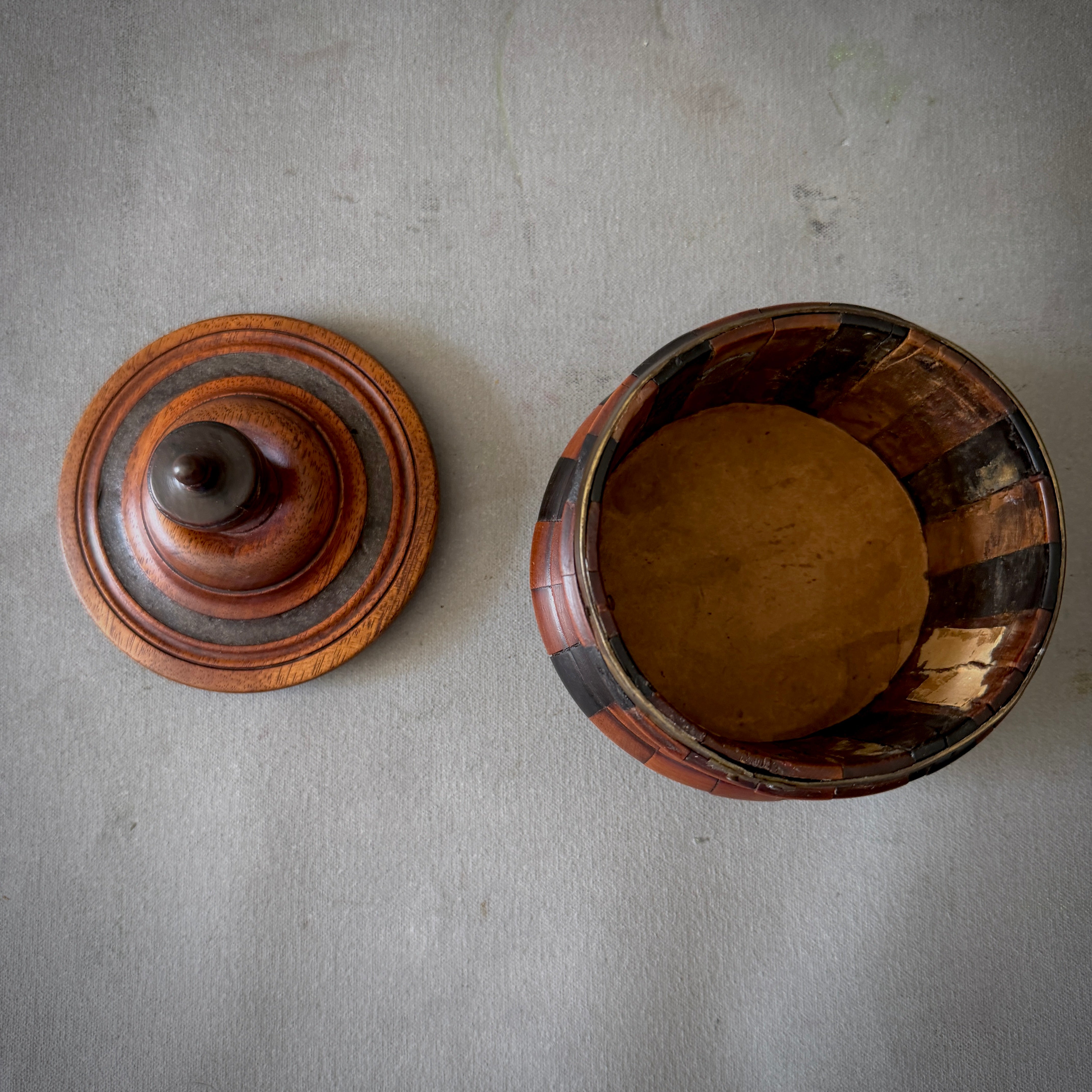 Turned Fruitwood Tobacco Jar with Ebonized Panels