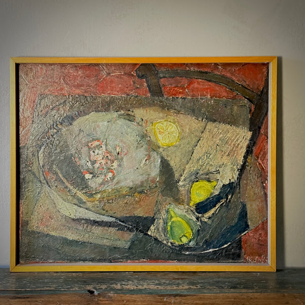 An oil painting featuring a bowl of shrimp with abstracted forms of lemon and avocado against a red and olive background, housed in a wooden frame.