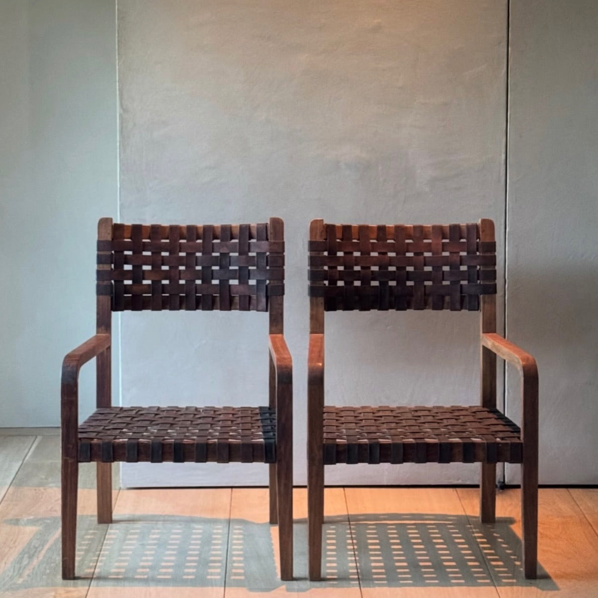 Pair of Wooden and Leather Armchairs
