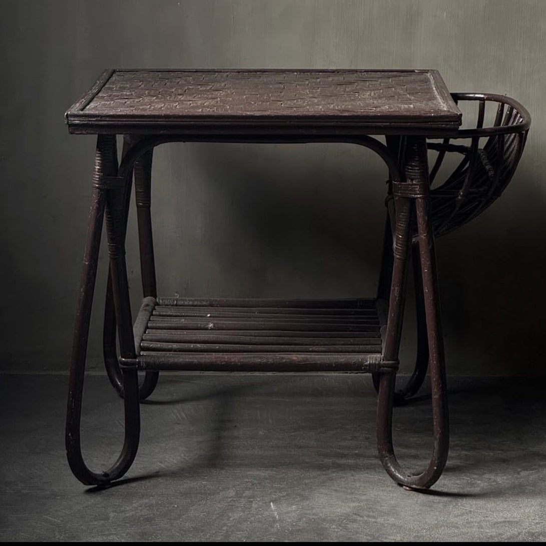 Bamboo and Rattan Side Table with Newspaper Holder