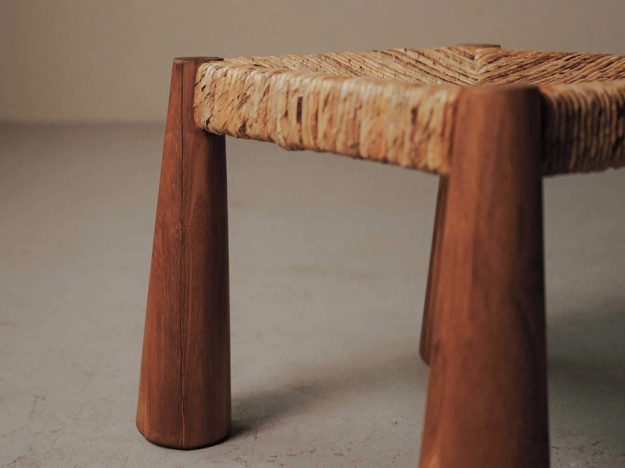 Large Stool in Solid Wood and Woven Straw