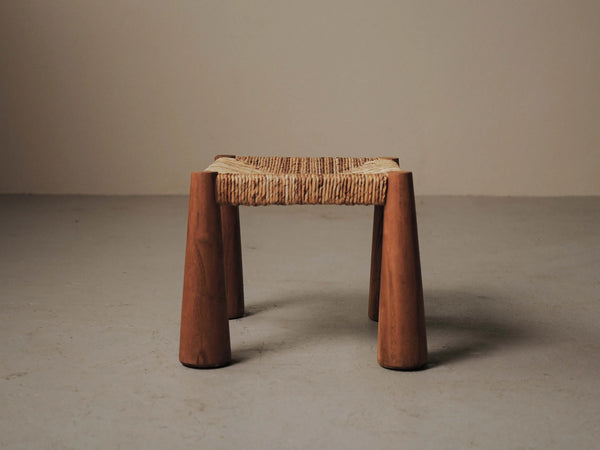 Large Stool in Solid Wood and Woven Straw