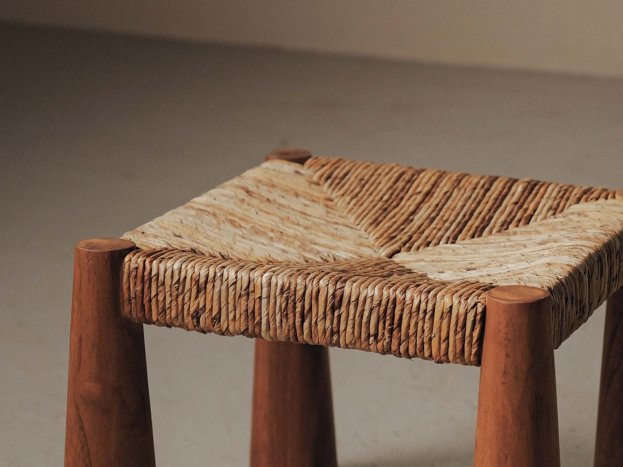 Large Stool in Solid Wood and Woven Straw