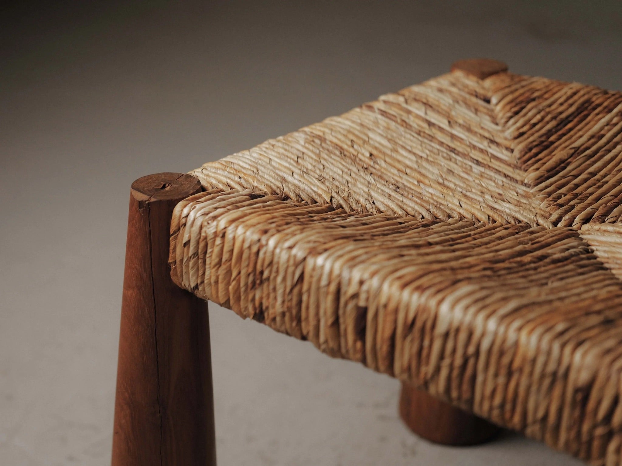 Large Stool in Solid Wood and Woven Straw