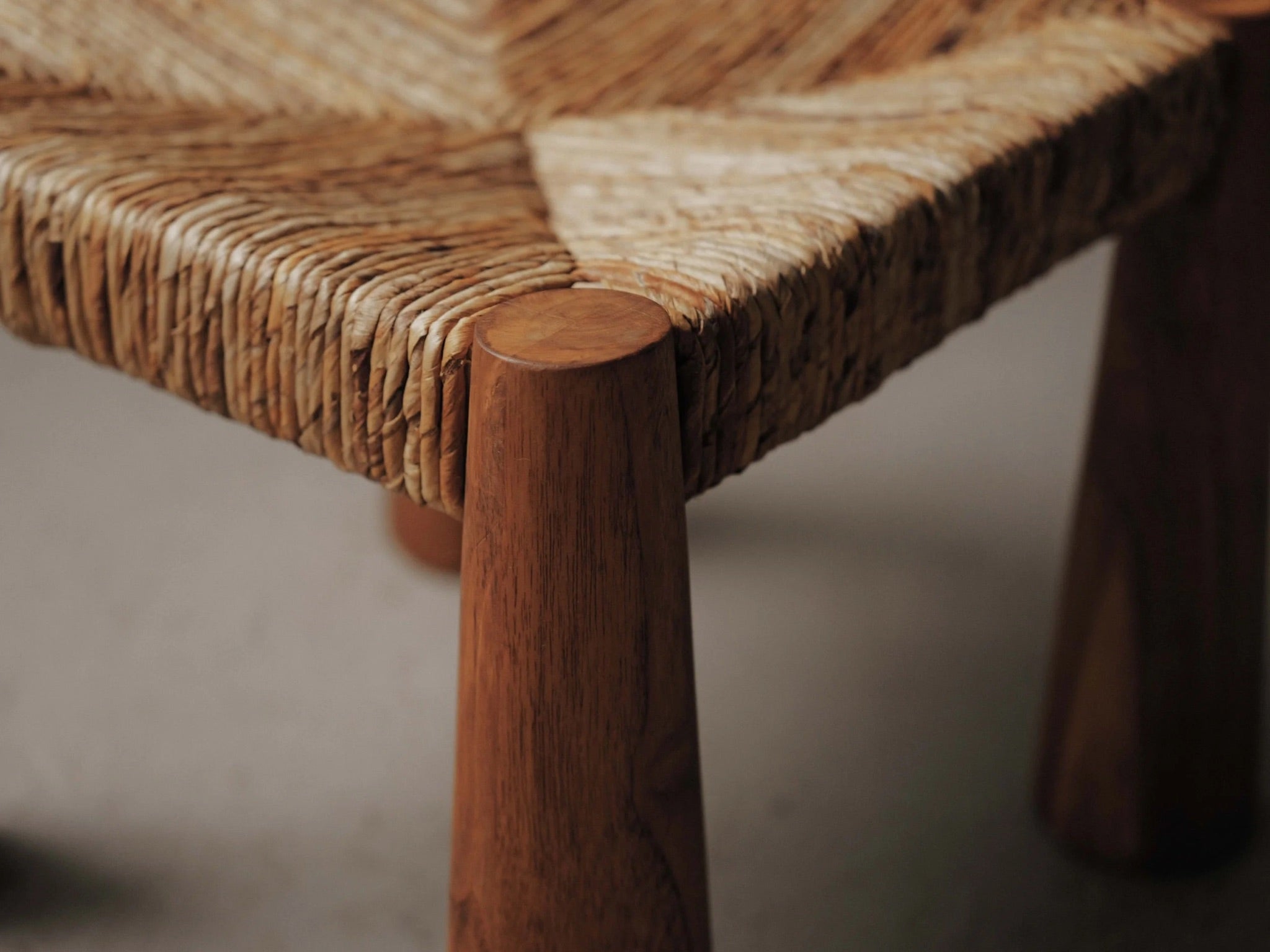 Large Stool in Solid Wood and Woven Straw