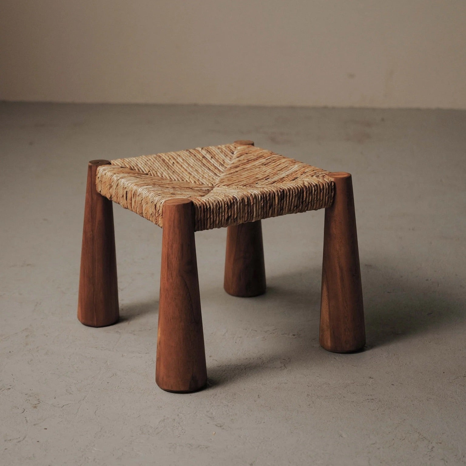 Large Stool in Solid Wood and Woven Straw