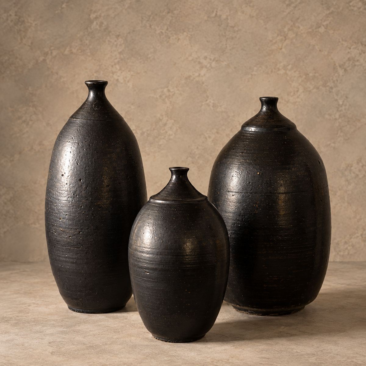 Three dark ceramic vases with a textured matte black finish, displayed on a neutral beige surface against a textured beige background.