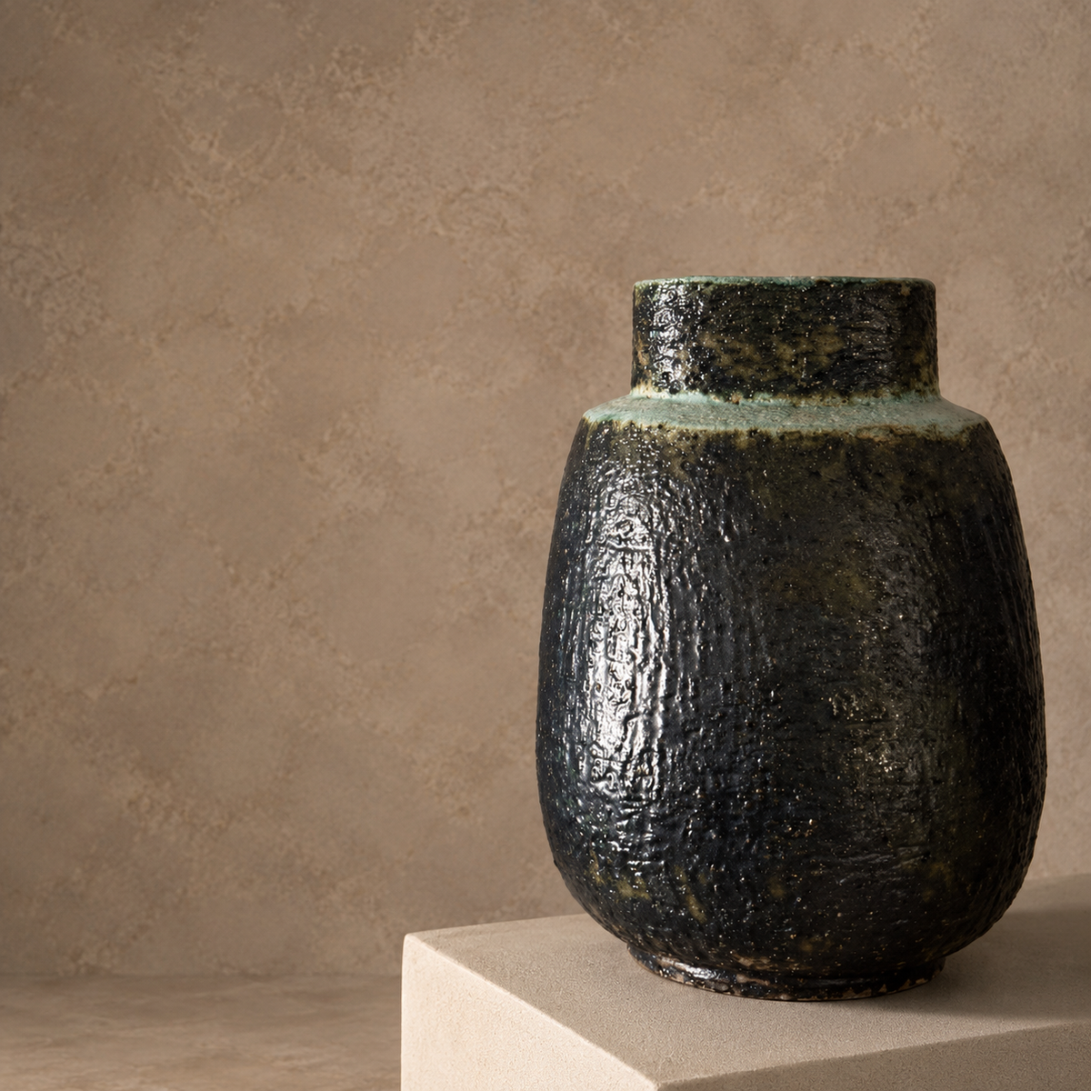 A dark textured ceramic vase with a glossy black glaze and subtle greenish-blue highlights, displayed on a light beige pedestal against a textured beige wall.