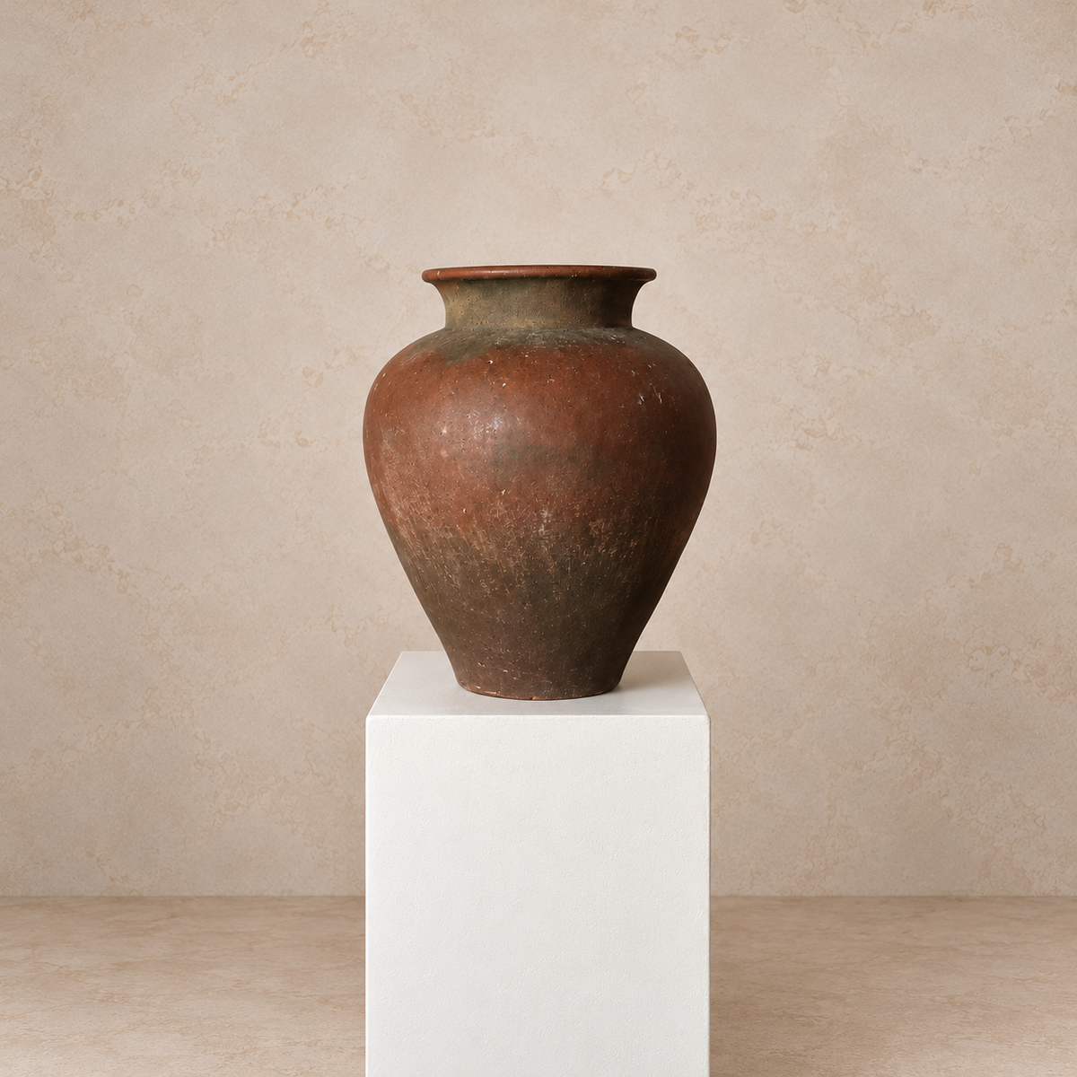 Brown vase on a white pedestal against a beige wall