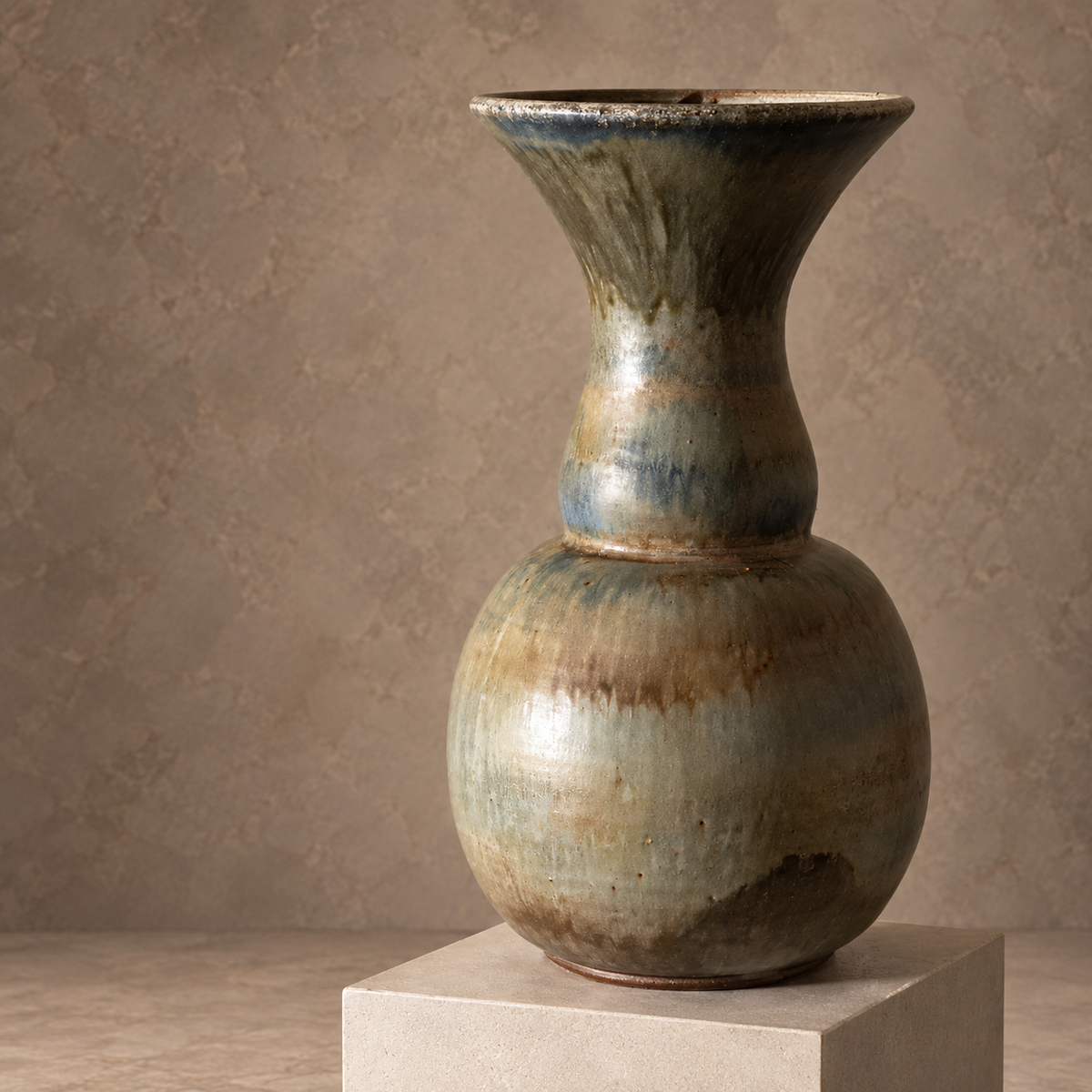 A ceramic vase with a wide flared rim and a rounded body, featuring a mottled glaze in earthy blue, green, brown, and beige tones. The vase is displayed on a light stone pedestal against a textured, warm brown studio background.