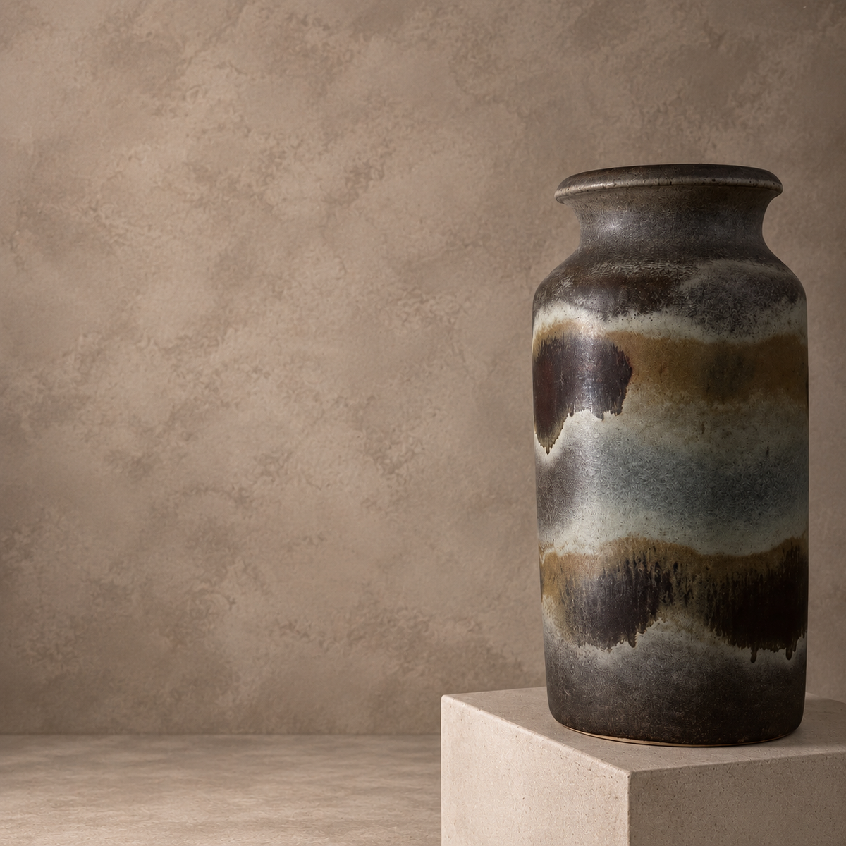 A tall ceramic vase with a rustic, hand-painted glaze featuring horizontal bands of dark brown, beige, and gray, displayed on a light beige stone pedestal against a textured beige wall.