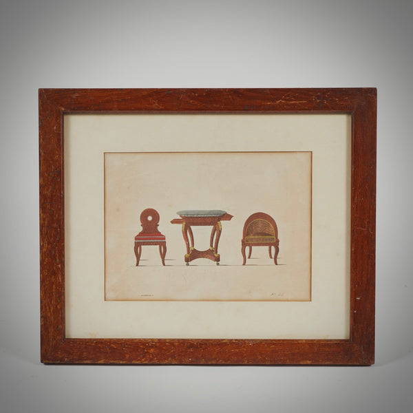 A framed artwork depicting a table and two chairs rendered in a detailed, realistic style with a beige background.