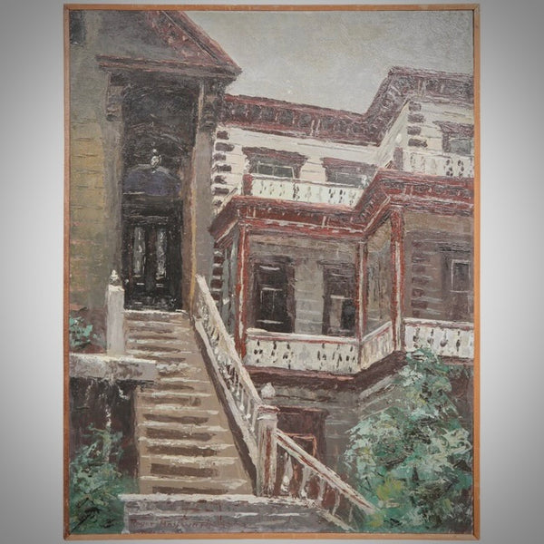 An oil on board painting depicting a Victorian-style home with detailed architectural elements.