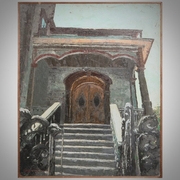 Oil on board painting depicting the entrance of a Victorian-style home with rich shadow play and architectural detail.
