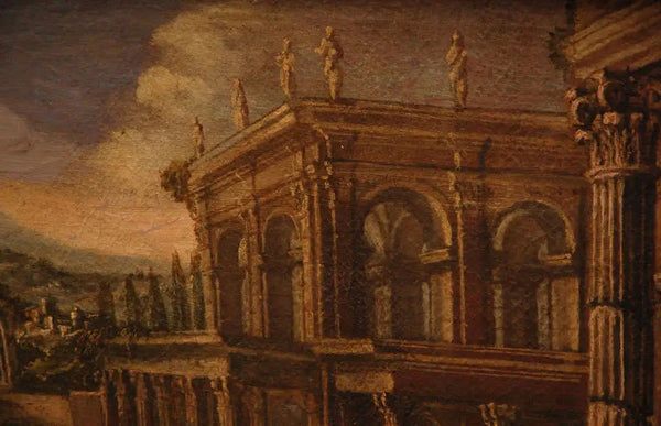 Close-up of an Italian capriccio oil painting depicting Roman architectural ruins.