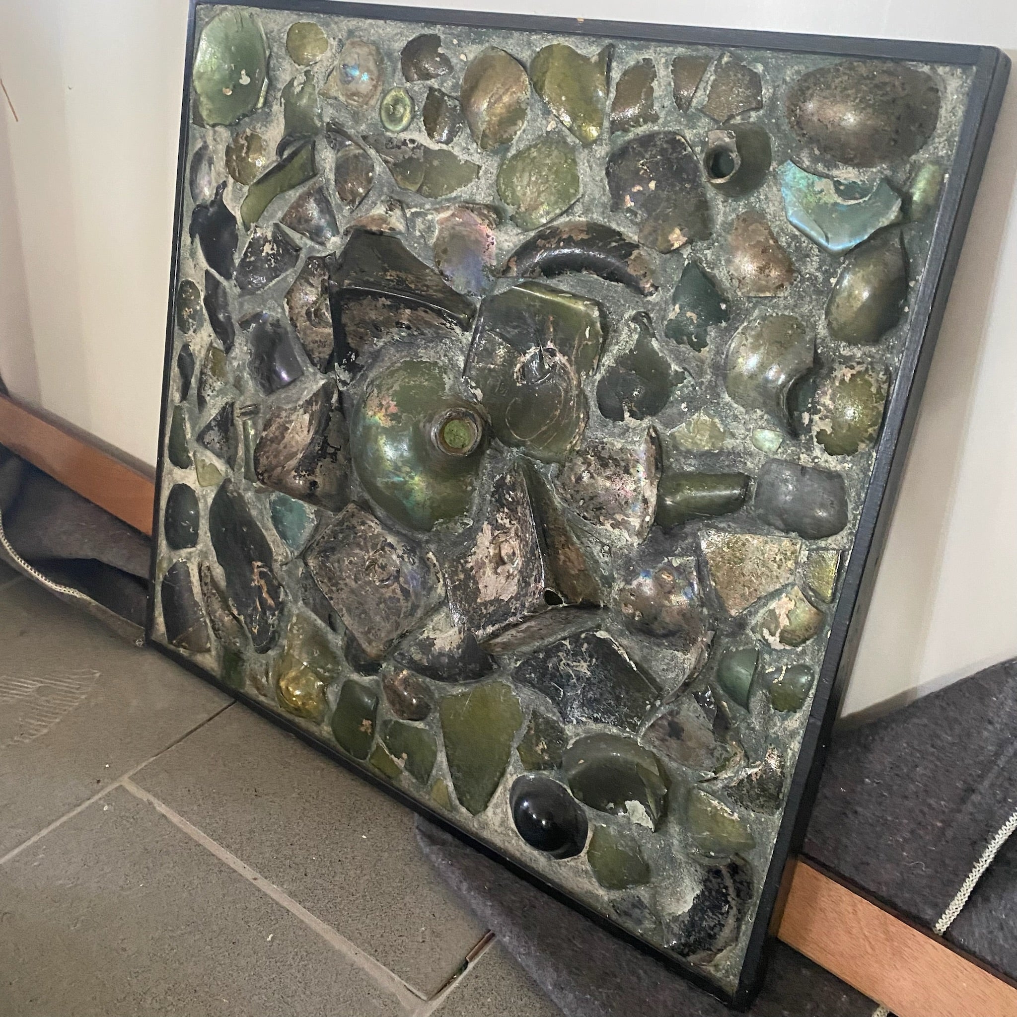 Midcentury Art Panel with Antique Glass Bottles
